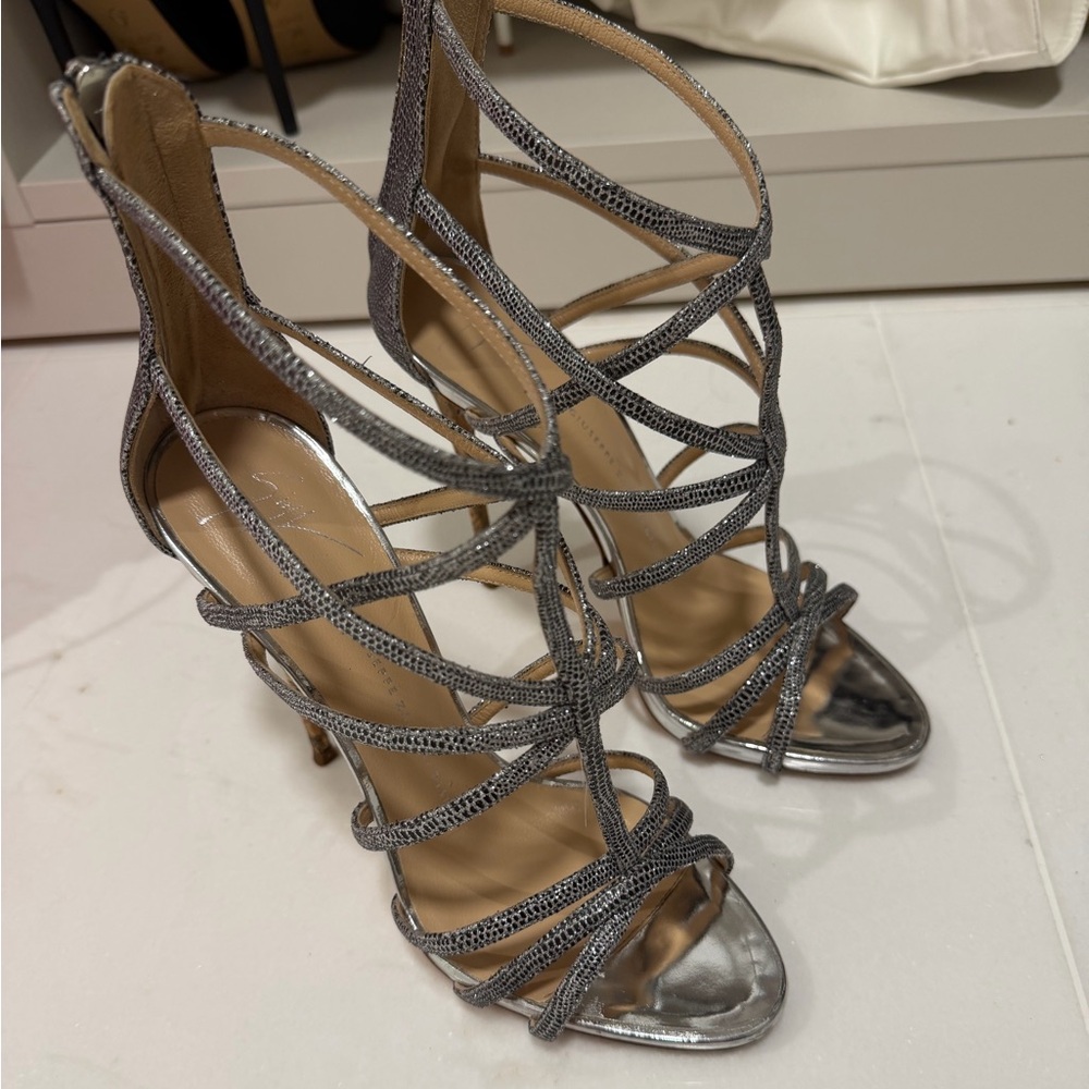 Giuseppe Zanotti Silver Metallic Multi-Strap Stiletto Sandals